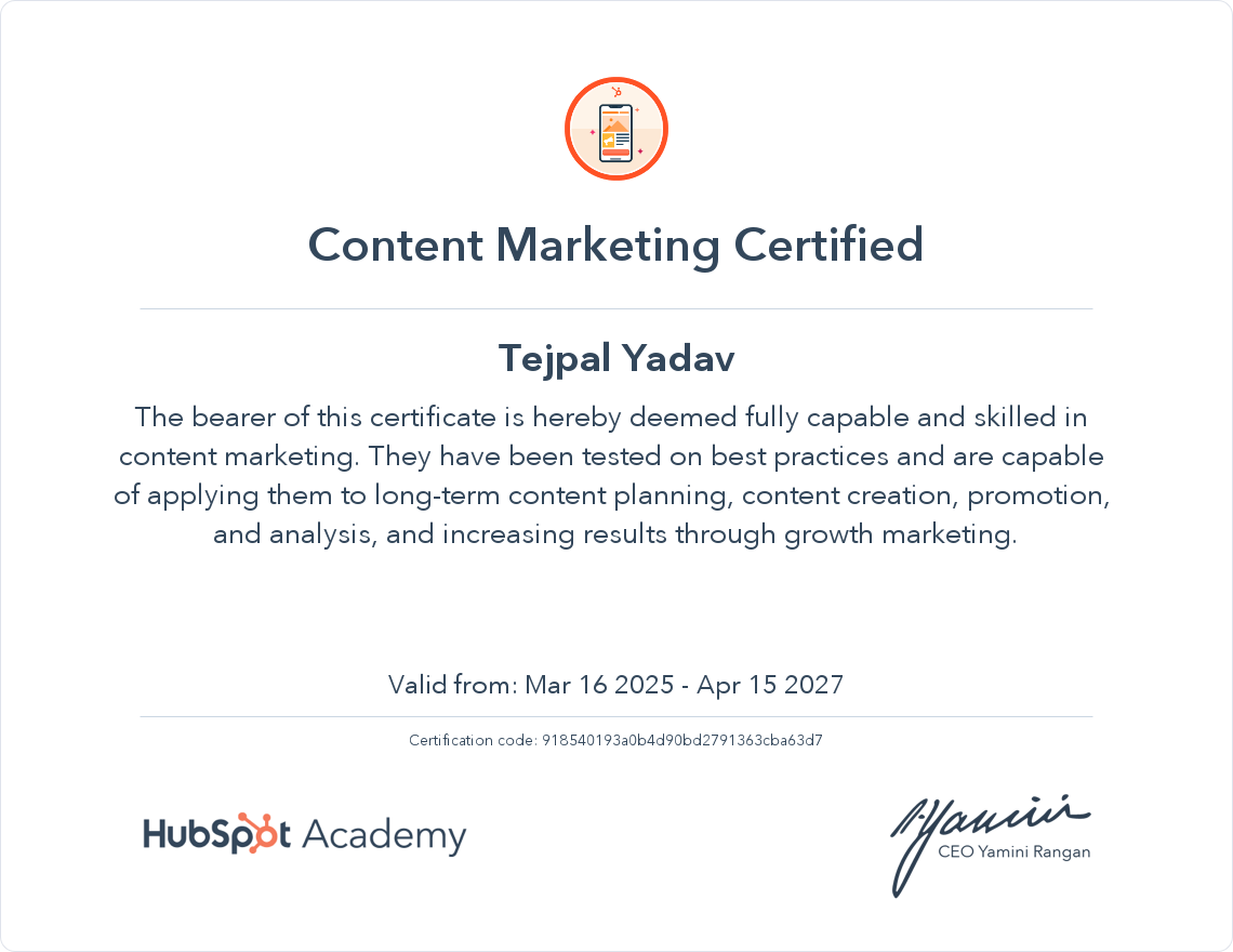 Content Marketing certificate for Tejpal Yadav