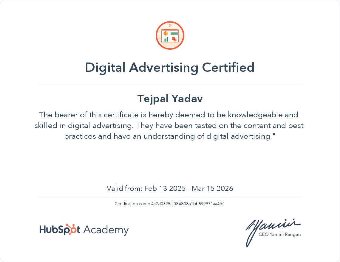 Digital Advertising certificate for Tejpal Yadav