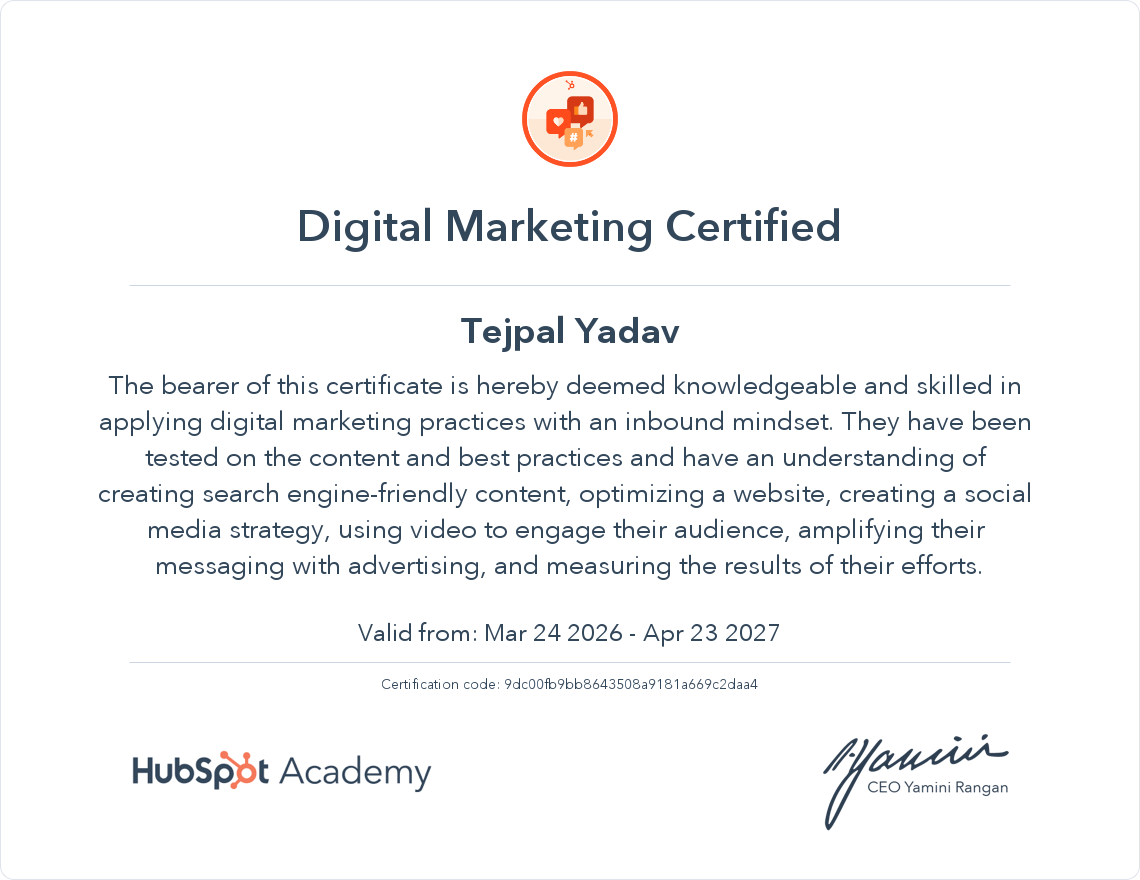 Digital Marketing certificate for Tejpal Yadav