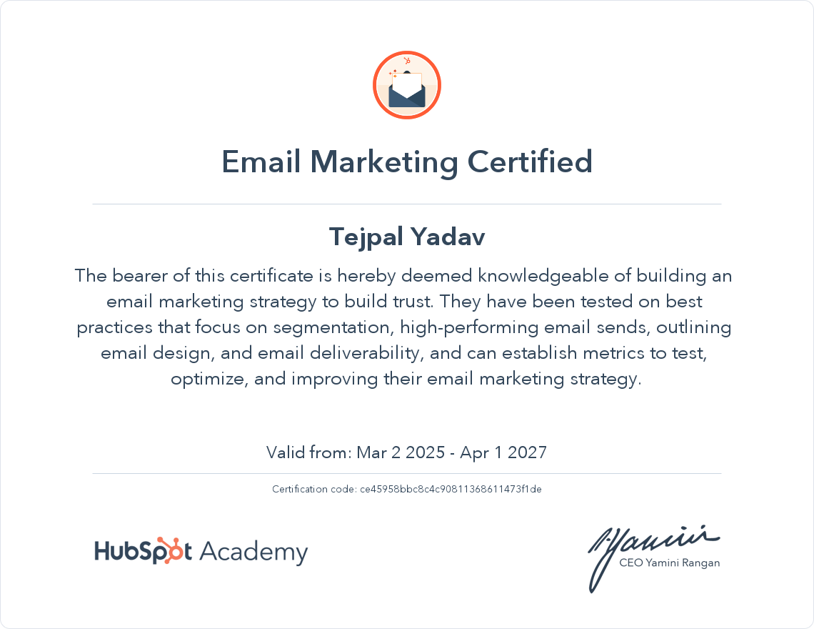 Email Marketing certificate for Tejpal Yadav