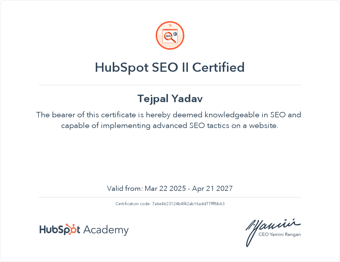 SEO (Search Engine Optimization) certificate for Tejpal Yadav