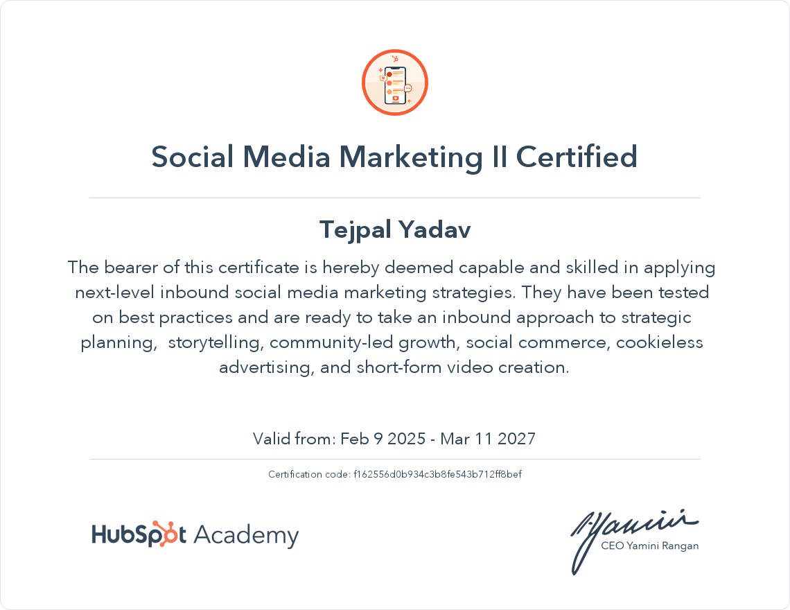 Social Media Marketing certificate for Tejpal Yadav